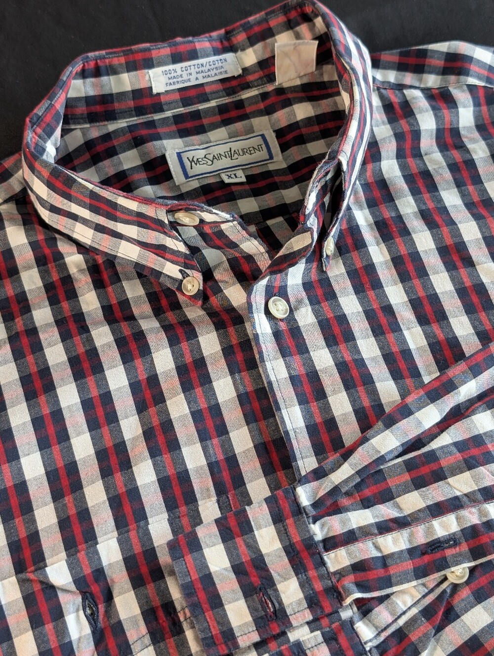 Vintage Yves Saint Laurent Red Navy White Checked Button-Down Shirt Men's XL